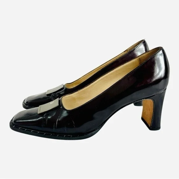 Vintage Escada Black/Brown Leather Pumps Metal Logo Stiletto Size 7B - Picture 7 of 14